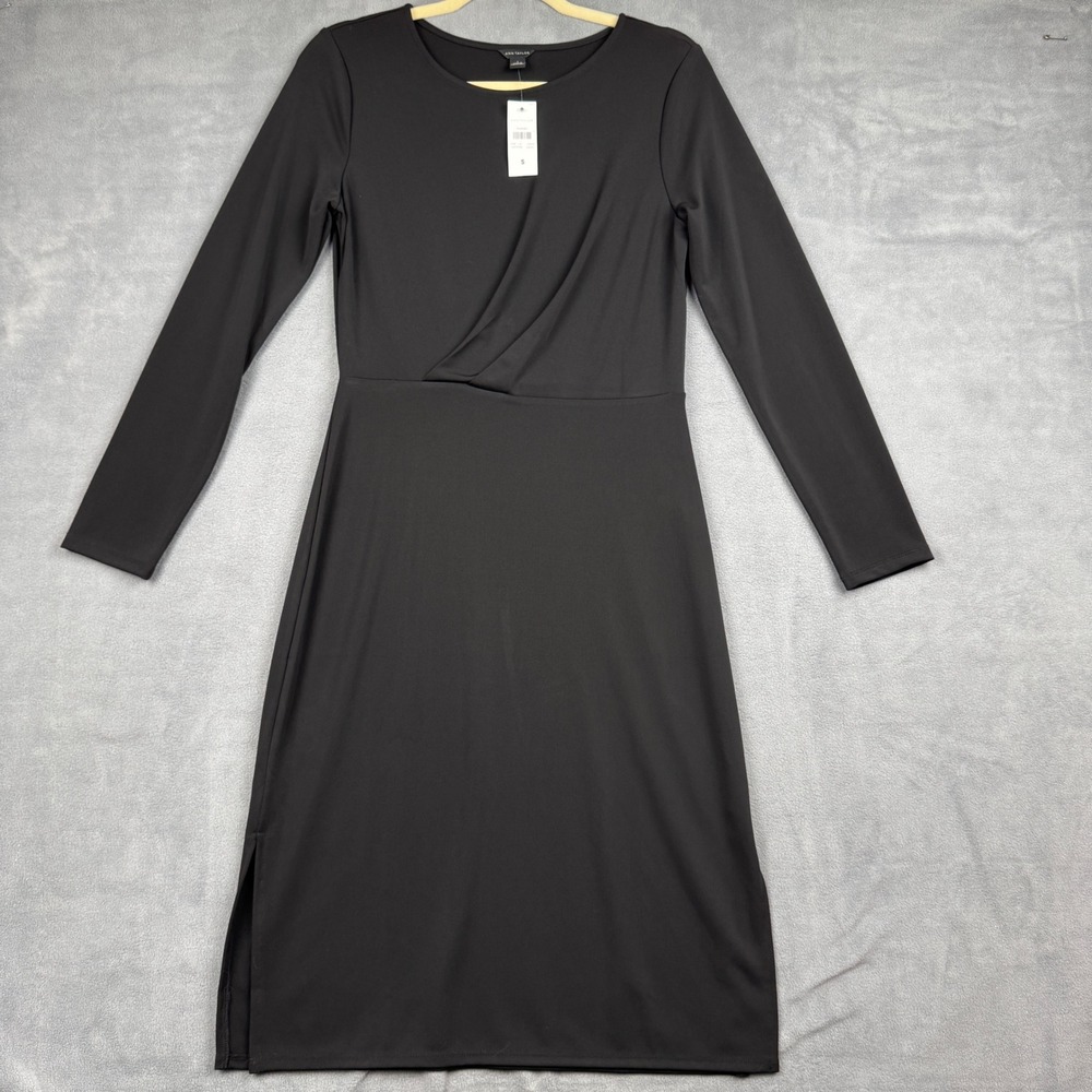 Ann Taylor Black Long Sleeve Faux Wrap Midi Dress Surplice Neck S NEW